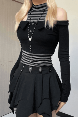 Style Core Aesthetics, New Style Trends - Off Shoulder Long Sleeve Top & Striped Tank Set