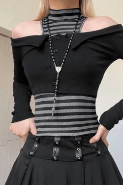 Style Core Aesthetics, New Style Trends - Off Shoulder Long Sleeve Top & Striped Tank Set