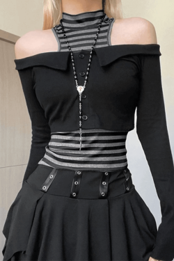 Style Core Aesthetics, New Style Trends - Off Shoulder Long Sleeve Top & Striped Tank Set