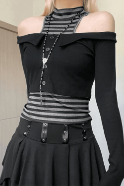 Style Core Aesthetics, New Style Trends - Off Shoulder Long Sleeve Top & Striped Tank Set