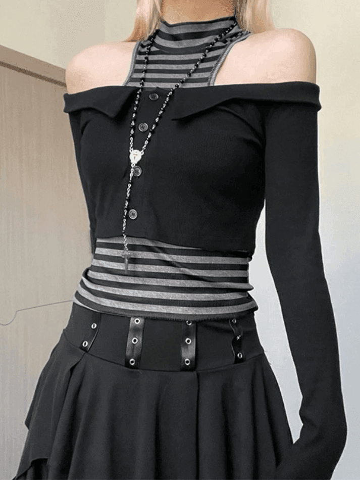 Style Core Aesthetics, New Style Trends - Off Shoulder Long Sleeve Top & Striped Tank Set Style Core Aesthetics, New Style Trends - Off Shoulder Long Sleeve Top & Striped Tank Set