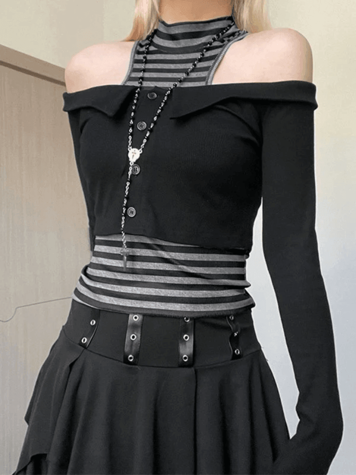 Style Core Aesthetics, New Style Trends - Off Shoulder Long Sleeve Top & Striped Tank Set Style Core Aesthetics, New Style Trends - Off Shoulder Long Sleeve Top & Striped Tank Set