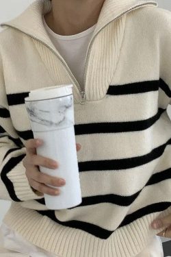 Style Core Aesthetics, New Style Trends - Old Money Zip Up Striped Sweater