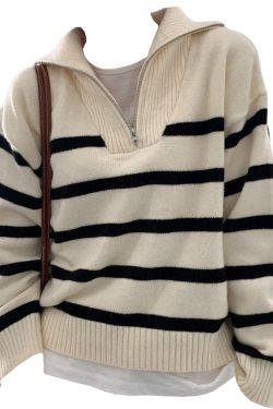 Style Core Aesthetics, New Style Trends - Old Money Zip Up Striped Sweater