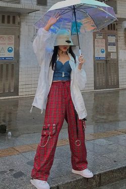 Style Core Aesthetics, New Style Trends - Pantalon Cargo Motif Carreaux Rouge Punk