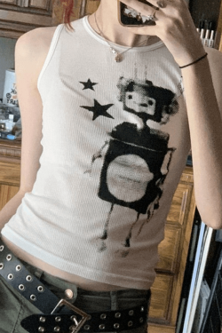 Style Core Aesthetics, New Style Trends - Pixel Robot Star White Cropped Tank Top
