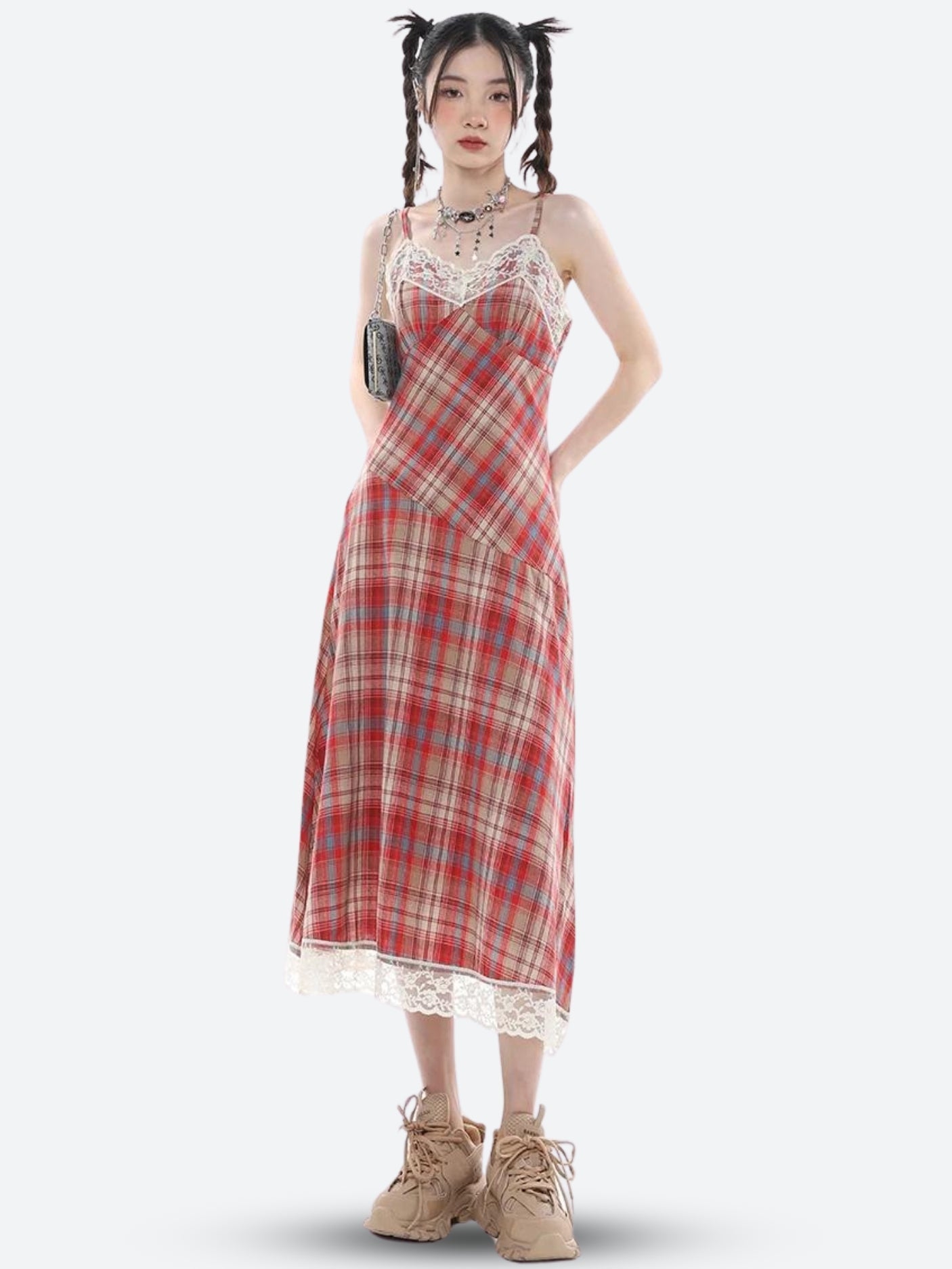 Style Core Aesthetics, New Style Trends - Plaid Lace Midi Dress Style Core Aesthetics, New Style Trends - Plaid Lace Midi Dress