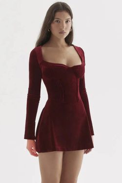 Style Core Aesthetics, New Style Trends - Plunge Neck Velvet Mini Dress