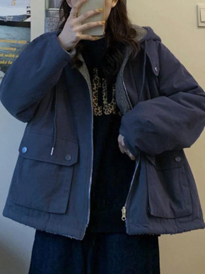 Style Core Aesthetics, New Style Trends - Preppy Reversible Lambswool Hooded Jacket Style Core Aesthetics, New Style Trends - Preppy Reversible Lambswool Hooded Jacket