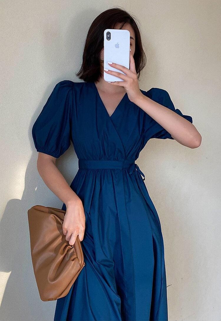 Style Core Aesthetics, New Style Trends - Puff Sleeve Wrap Midi Dress Style Core Aesthetics, New Style Trends - Puff Sleeve Wrap Midi Dress