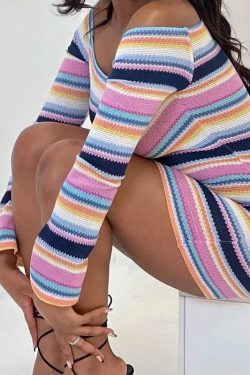 Style Core Aesthetics, New Style Trends - Rainbow Off Shoulder Knitted Mini Dress