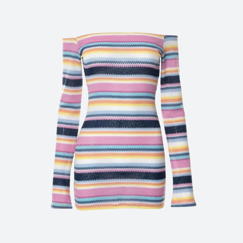 Style Core Aesthetics, New Style Trends - Rainbow Off Shoulder Knitted Mini Dress Style Core Aesthetics, New Style Trends - Rainbow Off Shoulder Knitted Mini Dress