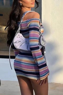 Style Core Aesthetics, New Style Trends - Rainbow Off Shoulder Knitted Mini Dress