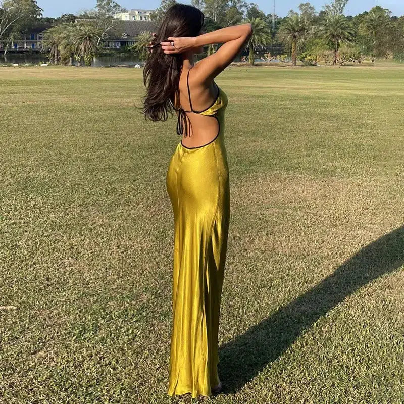 Style Core Aesthetics, New Style Trends - Satin Backless Maxi Dress Style Core Aesthetics, New Style Trends - Satin Backless Maxi Dress