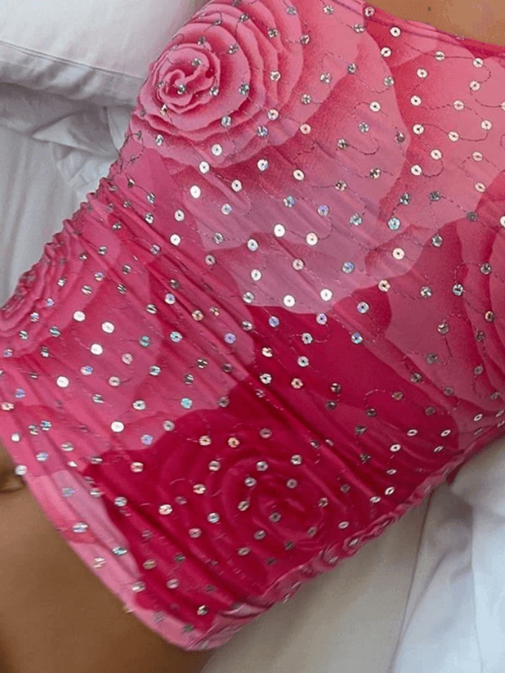 Style Core Aesthetics, New Style Trends - Sequin One Shoulder Floral Crop Tank Top Style Core Aesthetics, New Style Trends - Sequin One Shoulder Floral Crop Tank Top