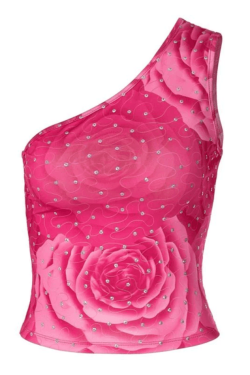 Style Core Aesthetics, New Style Trends - Sequin One Shoulder Floral Crop Tank Top