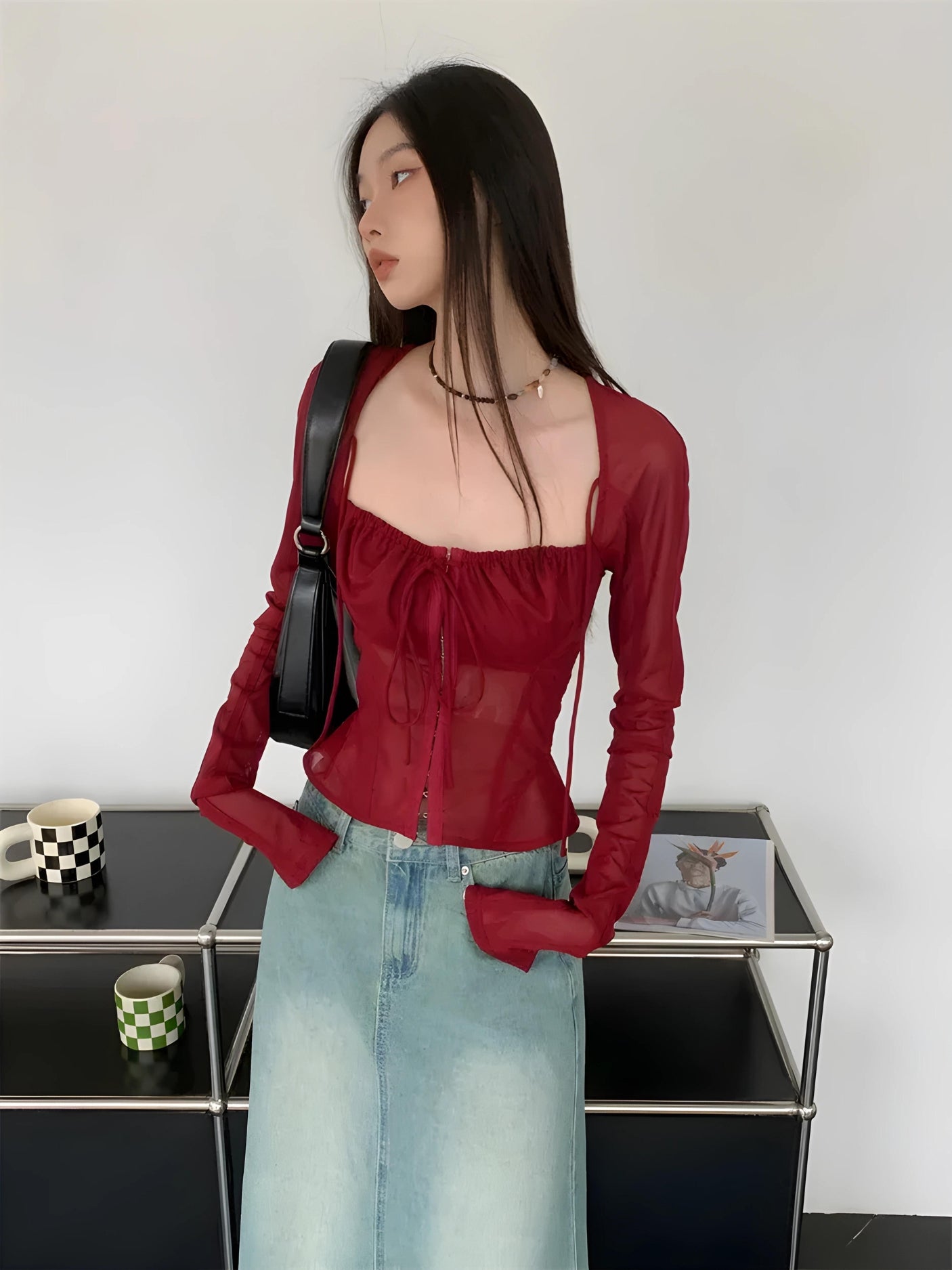 Style Core Aesthetics, New Style Trends - Sheer Ruched Lace Up Top Style Core Aesthetics, New Style Trends - Sheer Ruched Lace Up Top