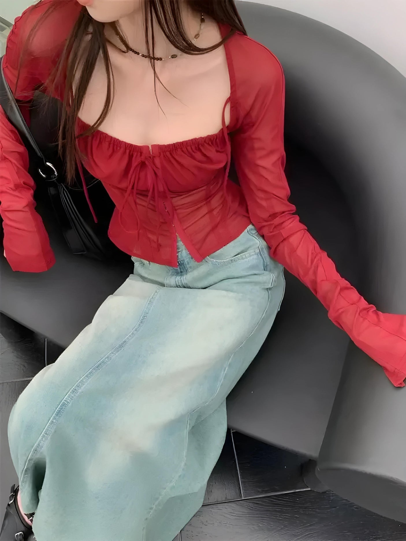 Style Core Aesthetics, New Style Trends - Sheer Ruched Lace Up Top Style Core Aesthetics, New Style Trends - Sheer Ruched Lace Up Top