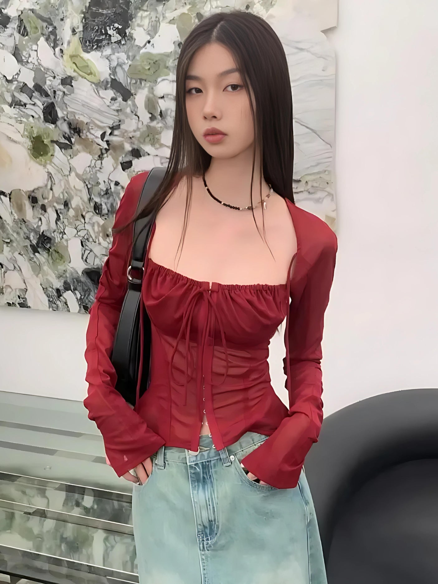 Style Core Aesthetics, New Style Trends - Sheer Ruched Lace Up Top Style Core Aesthetics, New Style Trends - Sheer Ruched Lace Up Top