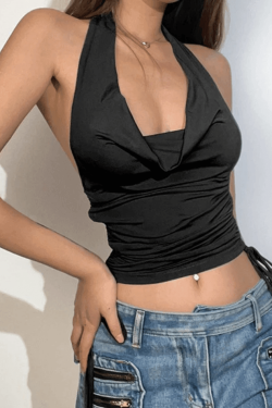 Style Core Aesthetics, New Style Trends - Side Tie Ruched Halter Cropped Tank Top