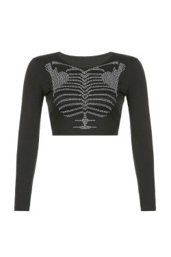 Style Core Aesthetics, New Style Trends - Skeleton Rhinestone Long Sleeve Top