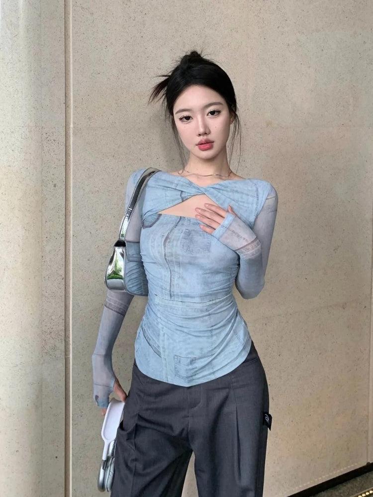 Style Core Aesthetics, New Style Trends - Sky Cut Out Ruched Top Style Core Aesthetics, New Style Trends - Sky Cut Out Ruched Top