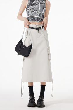 Style Core Aesthetics, New Style Trends - Slit & String Detailed Cargo Midi Skirt