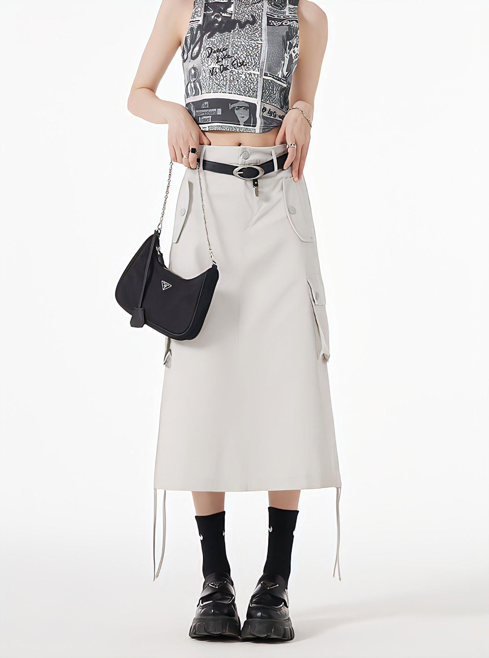 Style Core Aesthetics, New Style Trends - Slit & String Detailed Cargo Midi Skirt Style Core Aesthetics, New Style Trends - Slit & String Detailed Cargo Midi Skirt