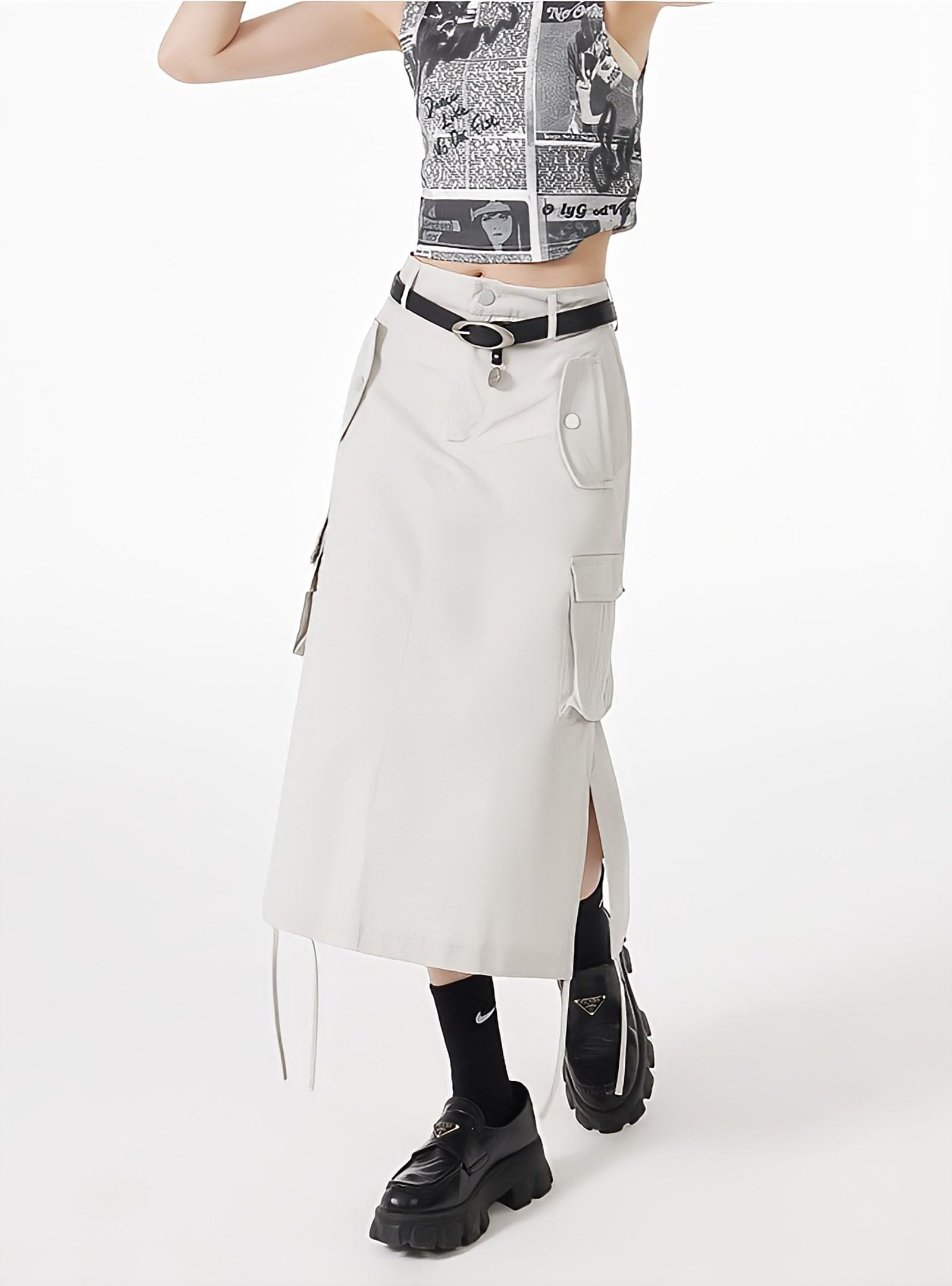 Style Core Aesthetics, New Style Trends - Slit & String Detailed Cargo Midi Skirt Style Core Aesthetics, New Style Trends - Slit & String Detailed Cargo Midi Skirt