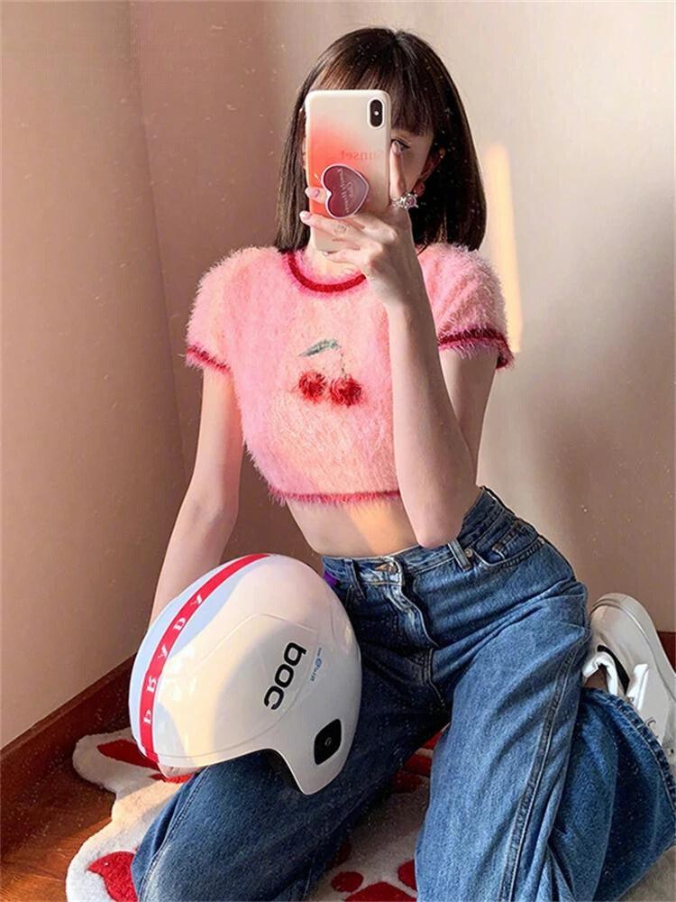 Style Core Aesthetics, New Style Trends - Soft Girl Cherry Fluffy Crop Top Style Core Aesthetics, New Style Trends - Soft Girl Cherry Fluffy Crop Top