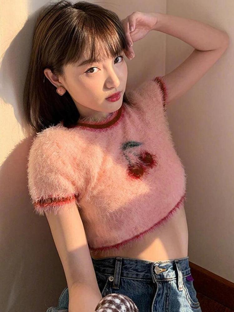 Style Core Aesthetics, New Style Trends - Soft Girl Cherry Fluffy Crop Top Style Core Aesthetics, New Style Trends - Soft Girl Cherry Fluffy Crop Top