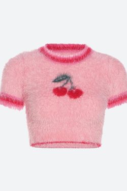Style Core Aesthetics, New Style Trends - Soft Girl Cherry Fluffy Crop Top