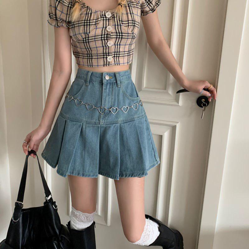 Style Core Aesthetics, New Style Trends - Soft Girl Pleated Denim Mini Skirt Style Core Aesthetics, New Style Trends - Soft Girl Pleated Denim Mini Skirt