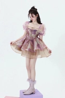 Style Core Aesthetics, New Style Trends - Soft Girl Puff Sleeve Layered Mini Dress