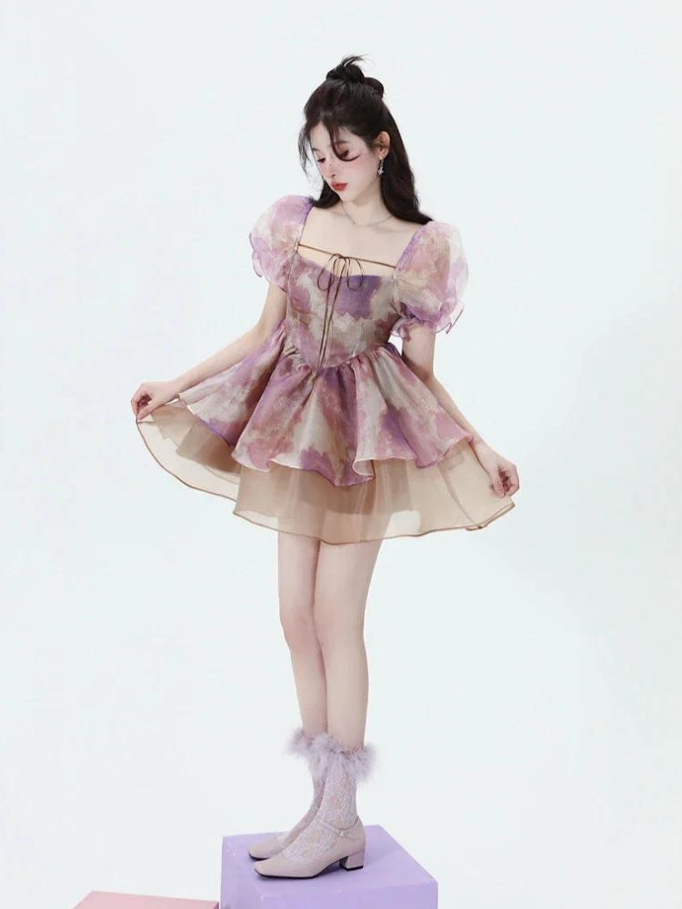 Style Core Aesthetics, New Style Trends - Soft Girl Puff Sleeve Layered Mini Dress Style Core Aesthetics, New Style Trends - Soft Girl Puff Sleeve Layered Mini Dress