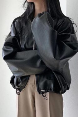 Style Core Aesthetics, New Style Trends - Solid Big Pocket Drawstring Collar Neck Leather Jacket