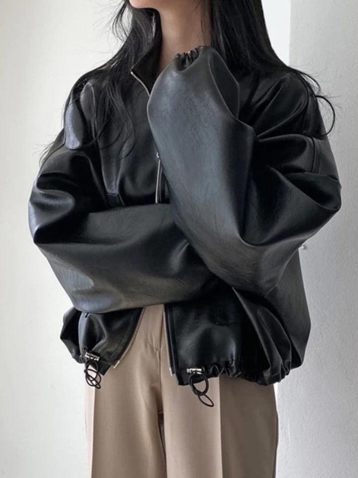 Style Core Aesthetics, New Style Trends - Solid Big Pocket Drawstring Collar Neck Leather Jacket Style Core Aesthetics, New Style Trends - Solid Big Pocket Drawstring Collar Neck Leather Jacket