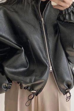 Style Core Aesthetics, New Style Trends - Solid Big Pocket Drawstring Collar Neck Leather Jacket