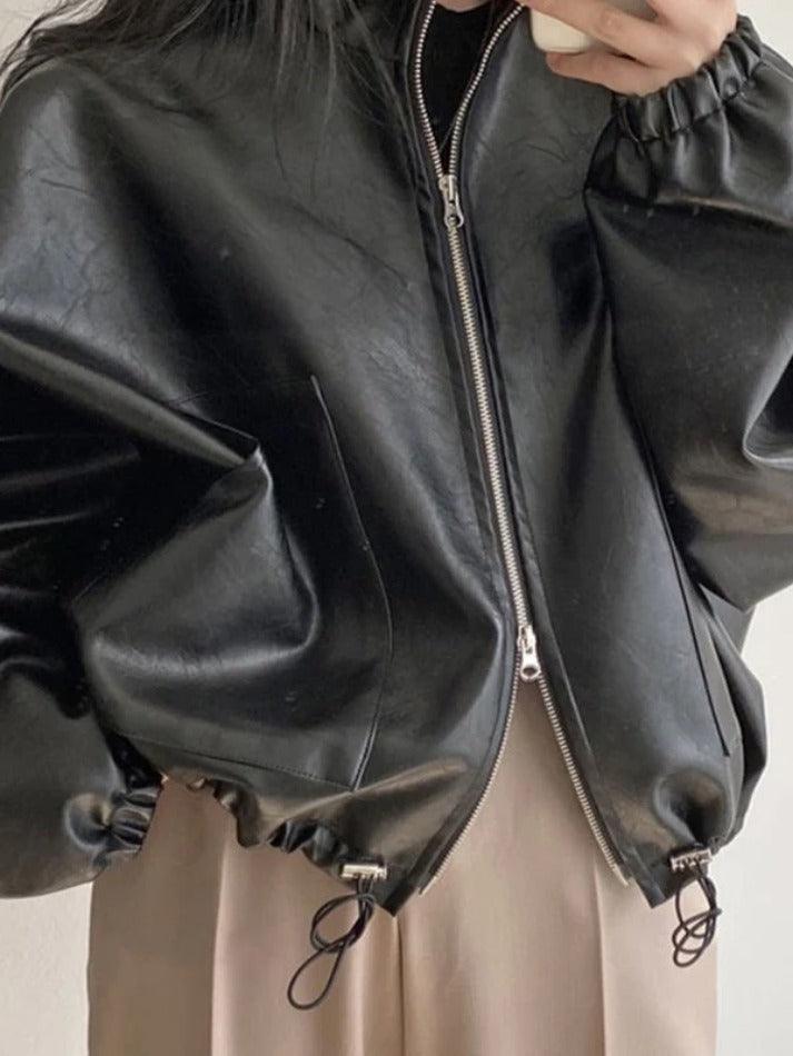 Style Core Aesthetics, New Style Trends - Solid Big Pocket Drawstring Collar Neck Leather Jacket Style Core Aesthetics, New Style Trends - Solid Big Pocket Drawstring Collar Neck Leather Jacket