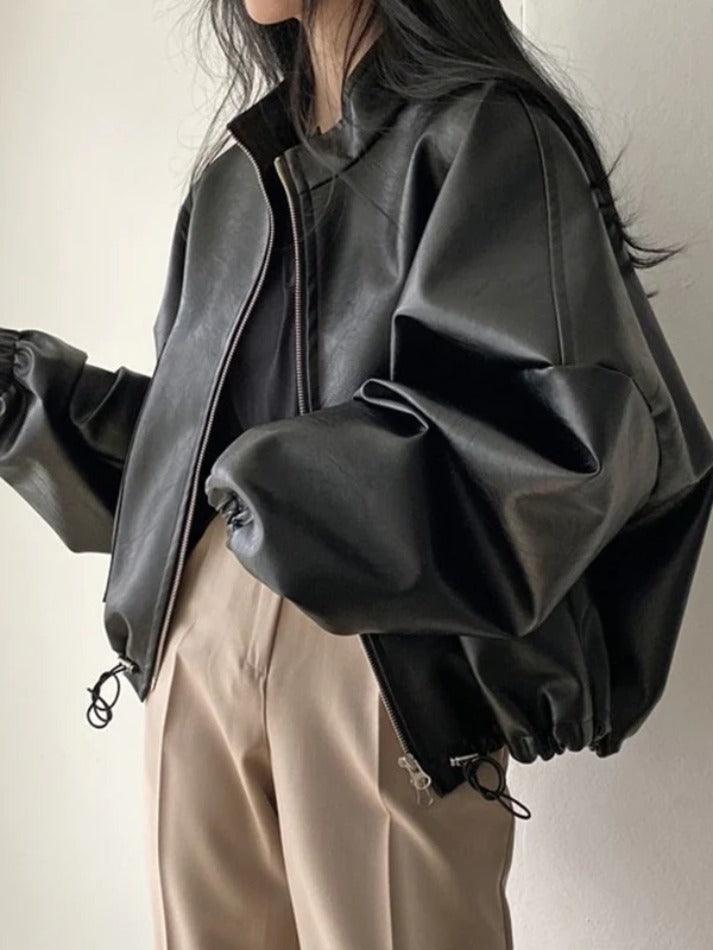 Style Core Aesthetics, New Style Trends - Solid Big Pocket Drawstring Collar Neck Leather Jacket Style Core Aesthetics, New Style Trends - Solid Big Pocket Drawstring Collar Neck Leather Jacket