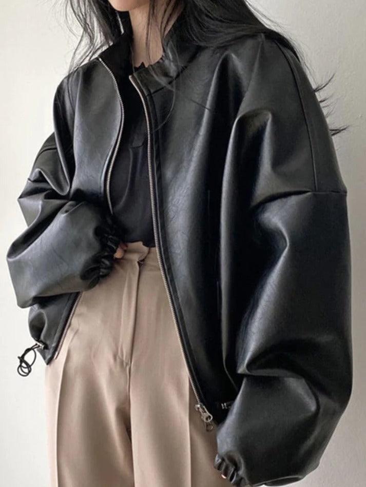 Style Core Aesthetics, New Style Trends - Solid Big Pocket Drawstring Collar Neck Leather Jacket Style Core Aesthetics, New Style Trends - Solid Big Pocket Drawstring Collar Neck Leather Jacket