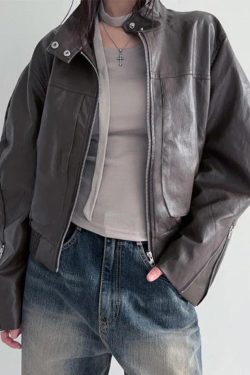 Style Core Aesthetics, New Style Trends - Solid Collar Neck Leather Motorcycle Jacket