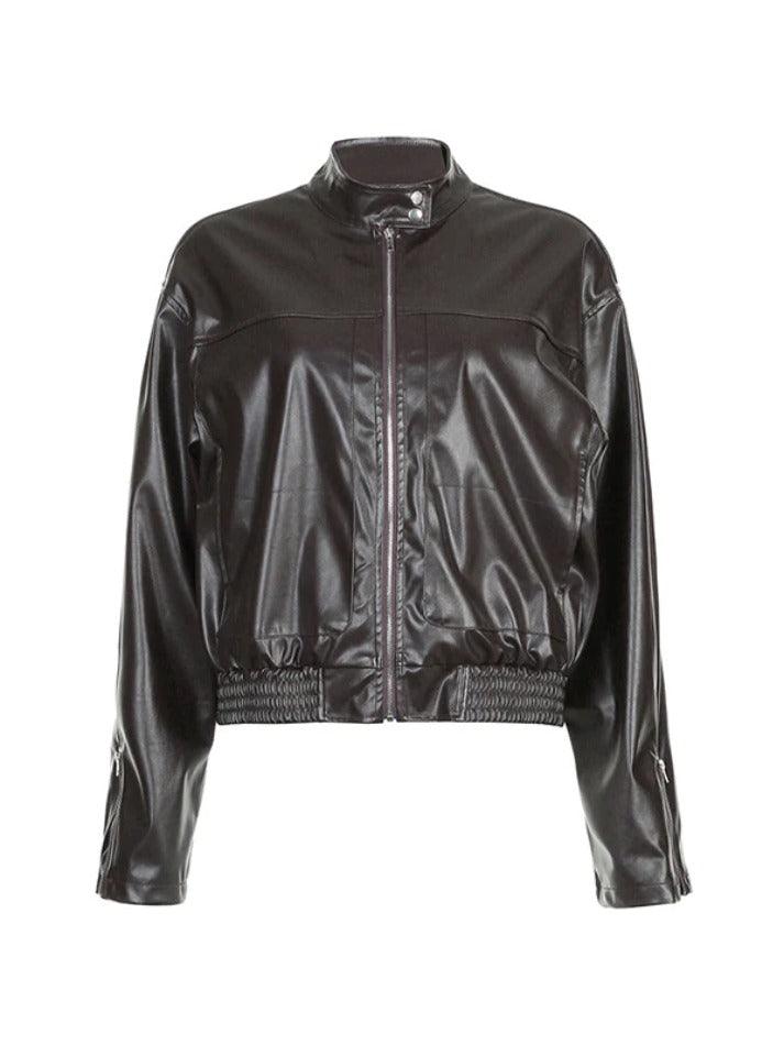 Style Core Aesthetics, New Style Trends - Solid Collar Neck Leather Motorcycle Jacket Style Core Aesthetics, New Style Trends - Solid Collar Neck Leather Motorcycle Jacket