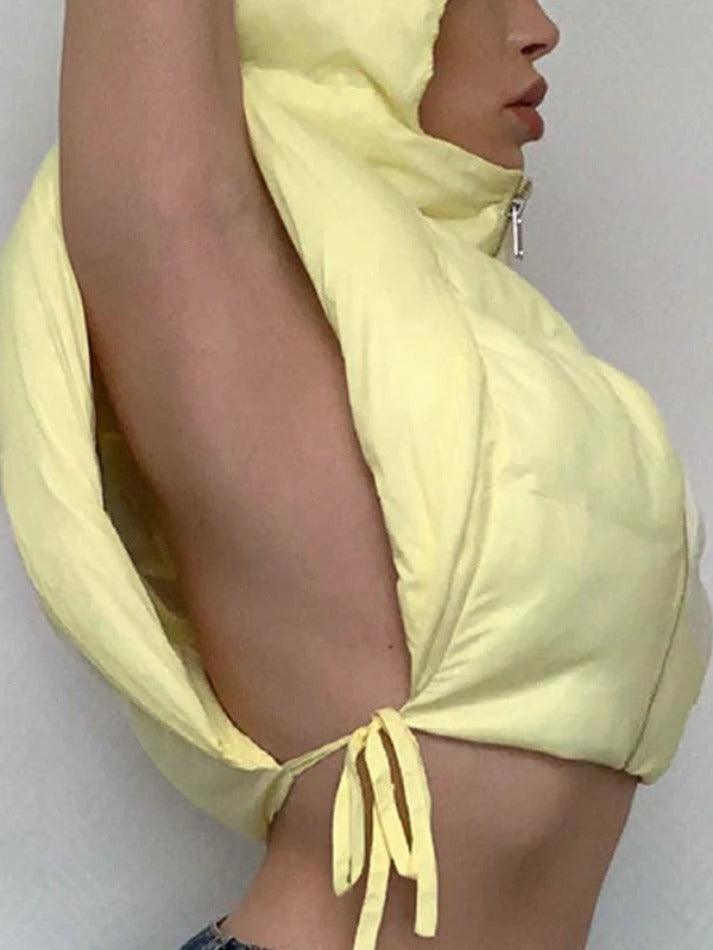 Style Core Aesthetics, New Style Trends - Solid Color Lace Up Hooded Sleeveless Jacket Style Core Aesthetics, New Style Trends - Solid Color Lace Up Hooded Sleeveless Jacket