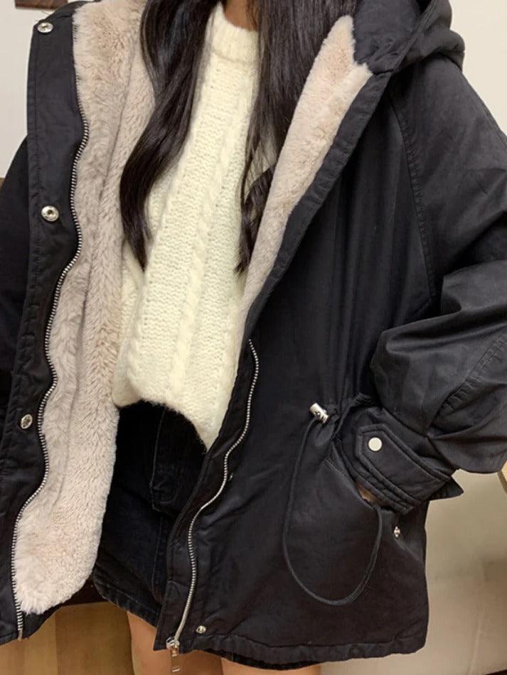 Style Core Aesthetics, New Style Trends - Solid Hooded Drawstring Flap Detail Jacket Style Core Aesthetics, New Style Trends - Solid Hooded Drawstring Flap Detail Jacket