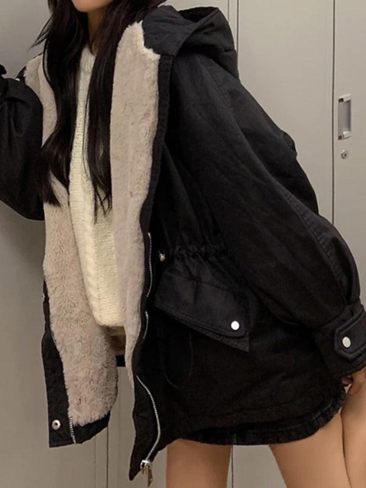 Style Core Aesthetics, New Style Trends - Solid Hooded Drawstring Flap Detail Jacket Style Core Aesthetics, New Style Trends - Solid Hooded Drawstring Flap Detail Jacket