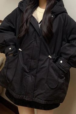 Style Core Aesthetics, New Style Trends - Solid Hooded Drawstring Flap Detail Jacket