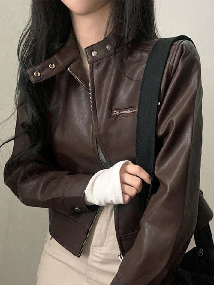 Style Core Aesthetics, New Style Trends - Solid Zip Up Leather Jacket Style Core Aesthetics, New Style Trends - Solid Zip Up Leather Jacket