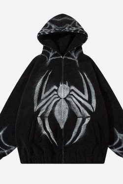 Style Core Aesthetics, New Style Trends - Spider Full Zip-Up Teddy Hoodie Jacket