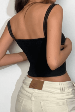 Style Core Aesthetics, New Style Trends - Stitched Detail Cutout Denim Cropped Tank Top